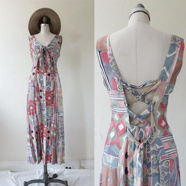 Vintage 90s Rayon Pastel Backless Midi Dress/ 1990s Button Up Sleeveless Summer Dress/Geometric Painterly Print/ Size Small 