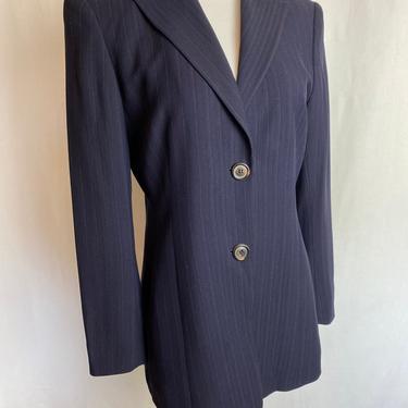 Akris navy blue pinstriped blazer~ 90’s style long fine wool blend wing tip collar Women’s suit jacket ~androgynous look ~ US Size 6 Medium 