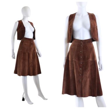 1970s Rich Brown Suede Leather Vest & Skirt Set - 70s Suede Vest - 70s Suede Skirt - Vintage Suede Skirt - Vintage Suede Vest | Size Small 