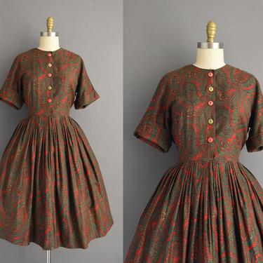 1950s vintage dress | Westbury Fashions Red Paisley Print Short Cotton Short Sleeve Full Skirt Shirt Dress | Large | 50s dress 