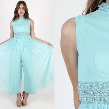 Vintage 60s Wide Leg Jumpsuit Teal Solid Color Chiffon Jumpsuit Mod Bell Bottom Jeweled Rhinestone Cocktail Party Aqua Palazzo Playsuit 