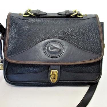 Vintage Dooney and Bourke Dark Blue Brown Leather Crossbody Messenger Bag, Top Handle Shoulderbag, Purse 