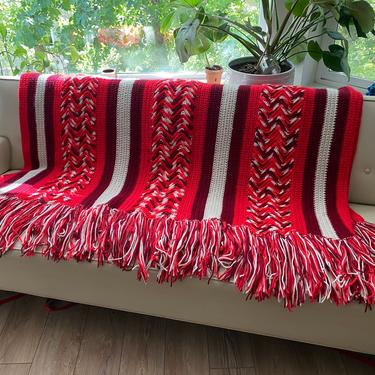 Large Crochet Red White Maroon Striped Afghan Handmade Blanket  // Stunning Vintage 