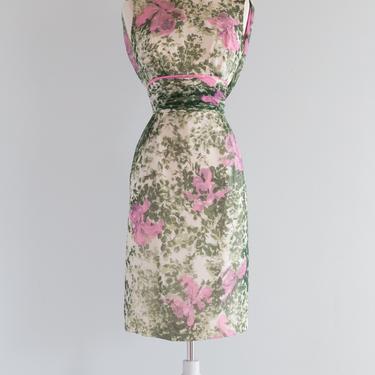 Fabulous Early 1960's Silk Chiffon Floral Print Cocktail Dress With Hood / Waist 24