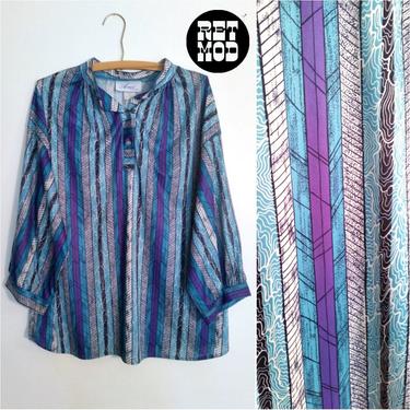 Vintage 70s Blue Purple Op Art Brutalist Style Stripe Shirt Blouse Top 