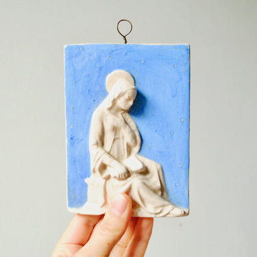 Vintage Madonna Wall Hanging, Madonna Tile, Madonna Plaque, Religious Wall Art, Blue and White Madonna Wall Art, Italian Religious Art 