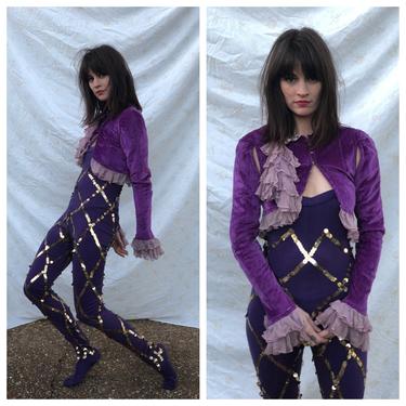 1920's Jester Costume / Antique Halloween Costume / Metal Sequins and Knit Stockings / Purple Rain Prince Outfit / Ruffled Dickie Sleeves 