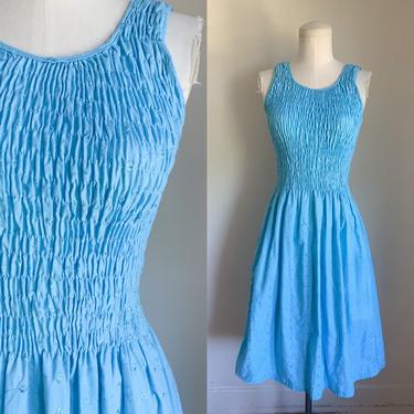 Vintage 1980s Turquoise Blue Ruched Sundress / S-M 