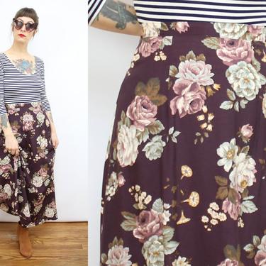 Vintage 90's Dark Floral Rose Midi Skirt / 1990's Rose Skirt / Rayon / Women's Size Medium / Large / 28&amp;quot;-32&amp;quot; Waist by Ru