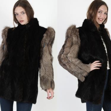Luxurious Black Mink Coat / Striped Sleeve Crystal Fox Fur / Vintage 80s Mink Fur Shawl Collar / Womens Darkest Mahogany Cropped Jacket 