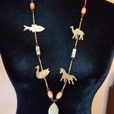 Ethnic necklace brass and wood beaded with animals 