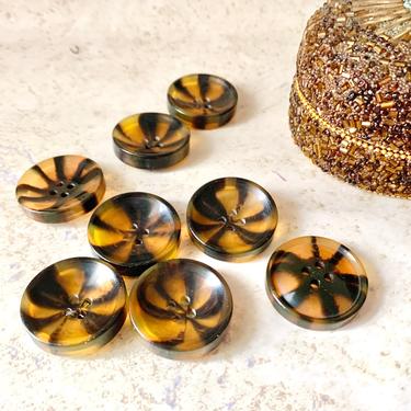Big Vintage Buttons, Amber Lucite, Swirls, Stripes, Set 8, Sewing Notions 