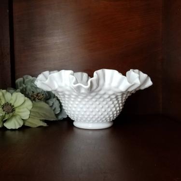 Vintage Milk Glass Bowl / White Hobnail Bowl / Small Table Centerpiece / Ruffled Double Crimped Edge Console Bowl / White Glass Home Decor 