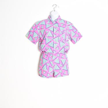 vintage 80s romper neon pink geometric print SBTB playsuit one piece outfit M L clothing 