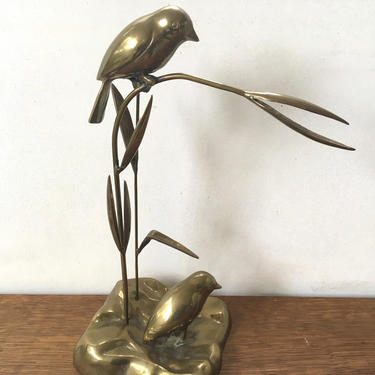 Dolbi Cashier Brass Birds With Grass Sculpture, Brass Bird Statue, Made In Korea Dated 1980 