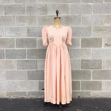 Vintage Dress Retro 1970s Handmade + Peachy Pink + Cottagecore + Puff Sleeve + Flowy + Maxi Length + Womens Apparel 