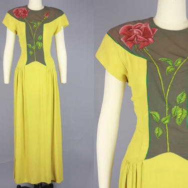 1940s HAND PAINTED Gown | Vintage 40s Chartreuse Dress with Rose Bodice &amp; Matching Gauntlet Gloves | small 