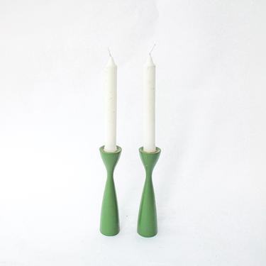 Amazing Set of 2 Authentic Mid-Century Modern Danish Style Wood Carved Candle Stick Holders- In Green 