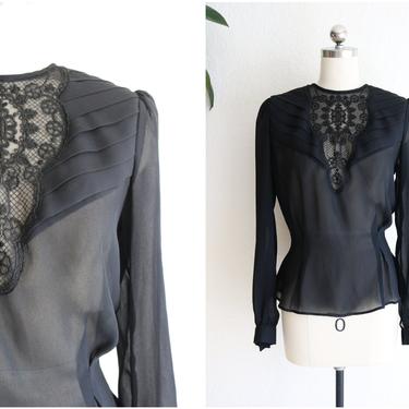 Vintage 1980s  Black Sheer Cutout Lace Blouse  | Size Small 