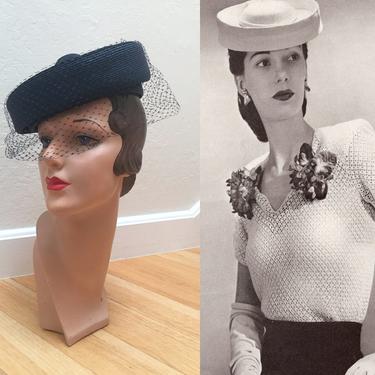 She Had That Look About Her - Vintage WW2 1940s Classic Navy Blue Straw Mini Breton Hat w/Veil 