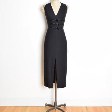 vintage 90s dress LAUNDRY black crepe satin bows deep V long maxi dress XS clothing 