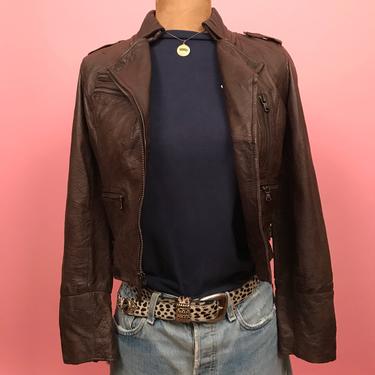 Brown real leather distressed moto jacket S 