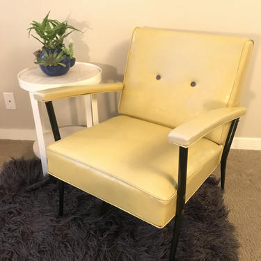 Vintage yellow armchair with ottoman, 1920s vinyl 
