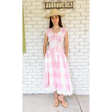 Indian Starina Dress // vintage boho cotton sun maxi hippie hippy pink plaid midi 80s // S Small 