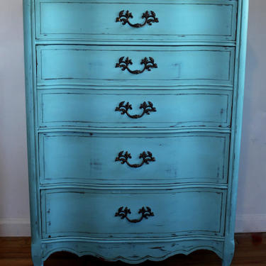 SOLD! Shabby Chic Dresser, French Provincial Turquoise Dresser, Distressed Dresser, Bassett Chest of Drawers, Free NYC Delivery 