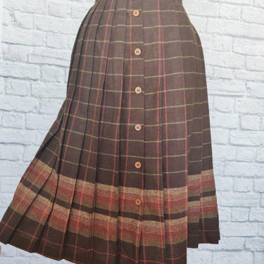 Vintage Brown Wool Pleated Skirt // High Waisted 60s Plaid 
