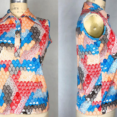 Vintage 1970s Psychedelic Print Polyester Blouse, 70s  Button Down, Vintage Hippie Psychedelic, Boho, Size Sm/Med by Mo