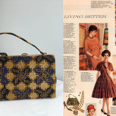 A Pattern of Her Former Self - Vintage 1950s 1960s Golden Yellow Navy Blue Medallion Pattern Fabric Handbag Purse 
