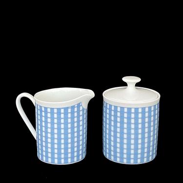 Vintage Mid Century Modern Arzberg Porcelain Germany Blue and White GINGHAM Pattern Creamer &amp; Sugar Bowl w/ Lid Classical Design 