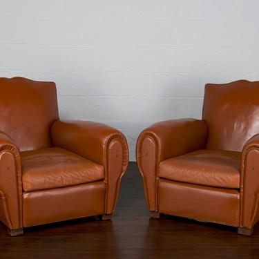 Vintage Pair of French Art Deco Style Mustache Back Brown Vinyl Club Chairs 