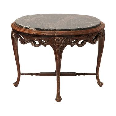 Belgian Art Nouveau Oval Carved Side Table With Marble Top