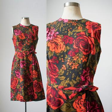 Vintage 1960s Cocktail Dress / Fall Colors / Floral Cocktail Dress / Vintage Linen Cocktail Dress / Mad Men Dress Small / 60s Mad Men Dress 