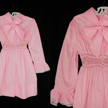 Vintage Polly Flinders Girl's Size 8 Pink Long Sleeve Smocked Fit and Flare Dress with Bow 