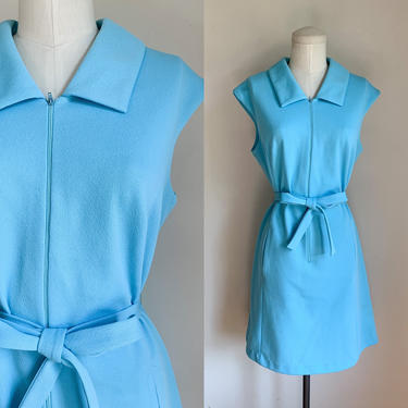 Vintage 1960s Sky Blue Belted Dress / L 