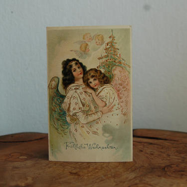 Fröhliche Weihnachten Merry Christmas Embossed Undivided, Unused MSiB German Postcard of Mother &amp; Child Angels w Christmas Tree, Baby Angels 