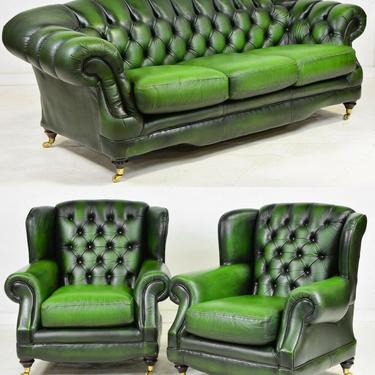 Chesterfield Sofa and Chairs, British Leather Green Curved Back, Vintage!
