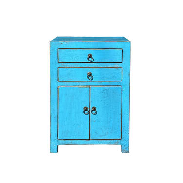 Distressed Bright Blue Lacquer Two Drawers End Table Nightstand cs6098E 