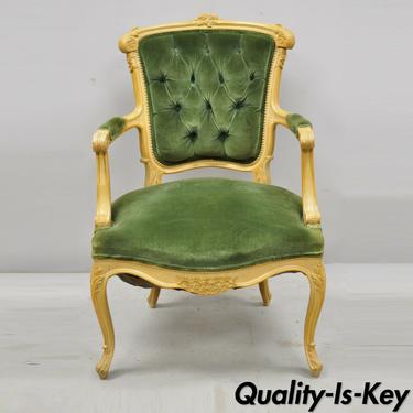 Antique French Louis XV Victorian Style Fauteuil Green Velvet Parlor Arm Chair