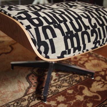 EAMES Style LOUNGE OTTOMAN, Walnut + Maharam Letters, chair stool footstool, Mid-Century Modern, danish mad men herman miller knoll era 