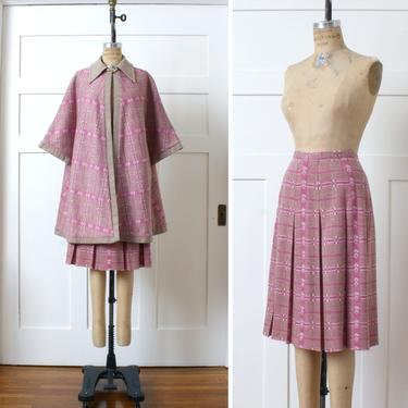 vintage 1970s cape coat &amp; matched pleated skirt • unique pink abstract pattern knit swing coat 