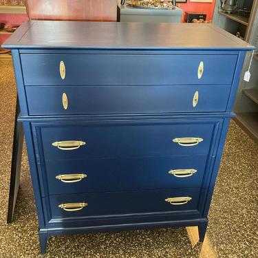 Stunning blue with gold pulls chest of drawers. 40” x 20” x 48”