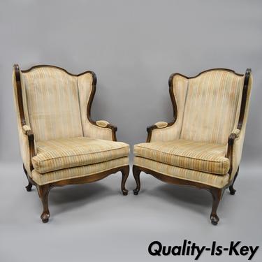 Vtg Ethan Allen Queen Anne Wing Back Chairs Cherry Wood Frames Armchairs a Pair