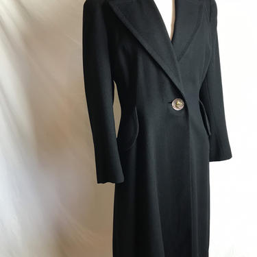 1940’s black sophisticated swing coat~ cinched waist fit n flare~ classic wool dressy overcoat ~ princess cut Authentic 40’s pinup size M/L 