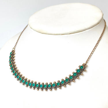 Vintage Zuni Petit Point Green Turquoise Collar Necklace Sterling Silver 15.5&quot; 
