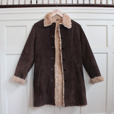 Vintage 90s Brown Suede &amp; Shearling Long Coat Women's Size XS 