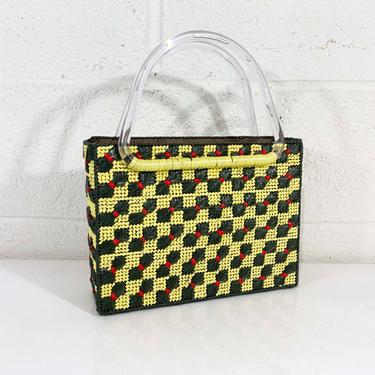 Vintage Handmade Knitting Bag Handbag Structured Tote Woven Yellow Navy Green Red Clear Large Totebag Storage Mid-Century Retro Canvas Weave 